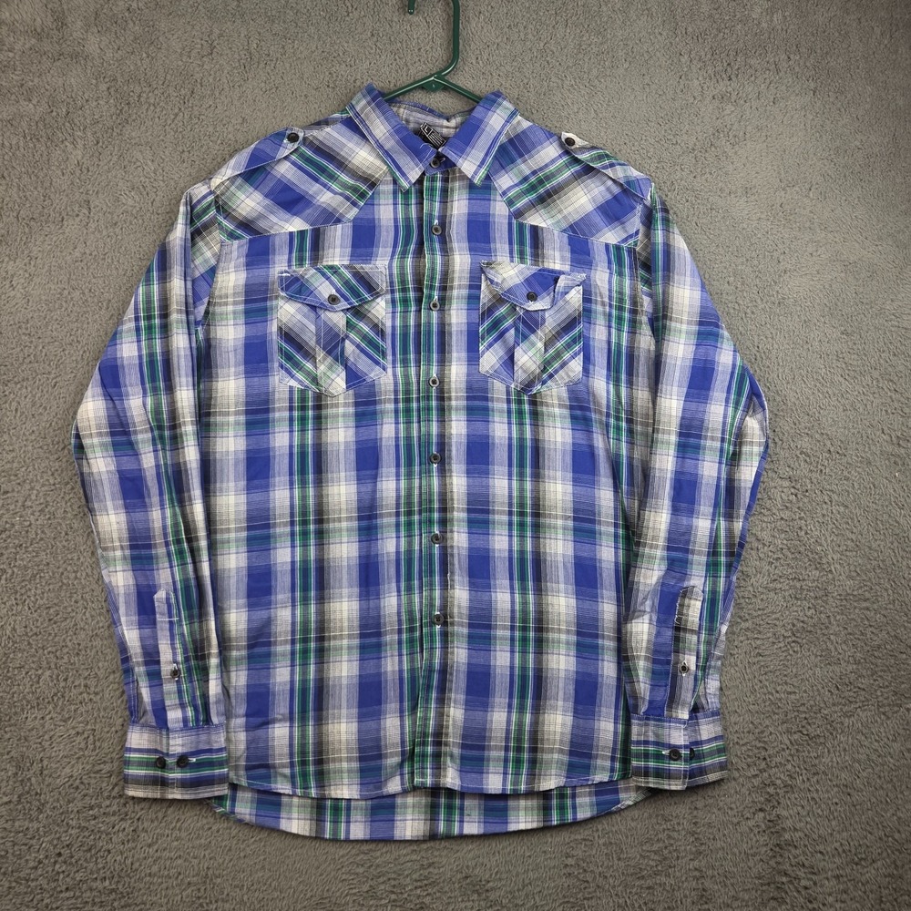 Avirex Button Up Shirt Men's Large Plaid Blue Green White Western Long Sleeve